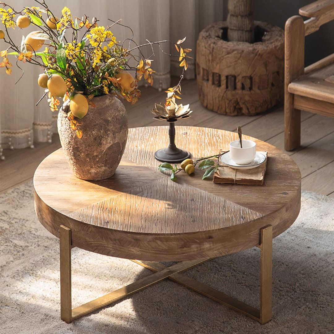 AMP-1038 Ampulla Rustic Farmhouse Round Coffee Table, Furniture & Home ...