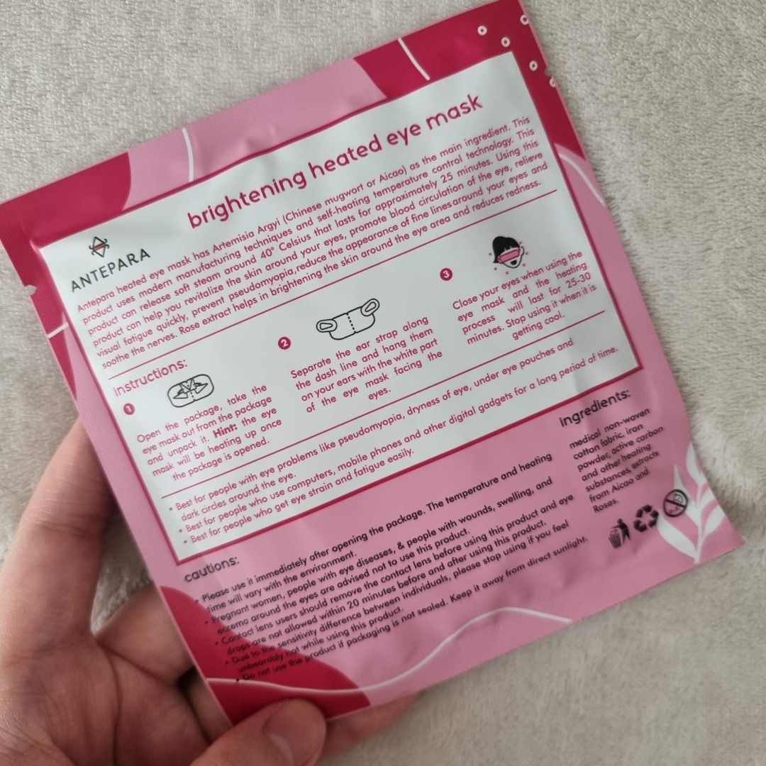 Antepara Brightening Heated Eye Mask (Category: Face Care) located in Paranaque City. Submitted by unashamedglutton (Listing ID 1275974854, Image 2). Description: Antepara Brightening Heated Eye Mask Brand new and never used Payment via BPI, BDO, or GCash.