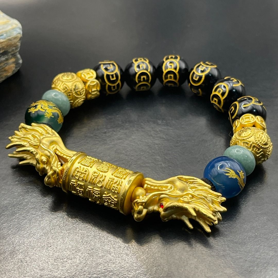 Ascending Double Dragon Bracelet 24karat Real Gold in Black Onyx with a