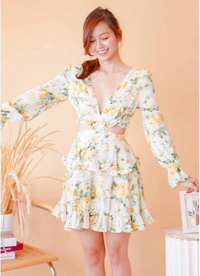 BASH clothing Floral Tropical Long Sleeve Cutout Dress
