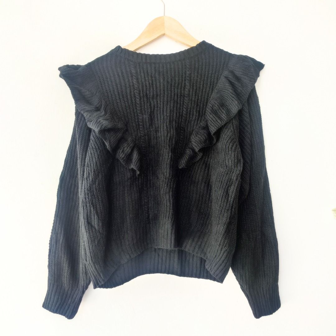 Black Ruffle Sweater, Fesyen Wanita, Pakaian Wanita, Atasan di Carousell