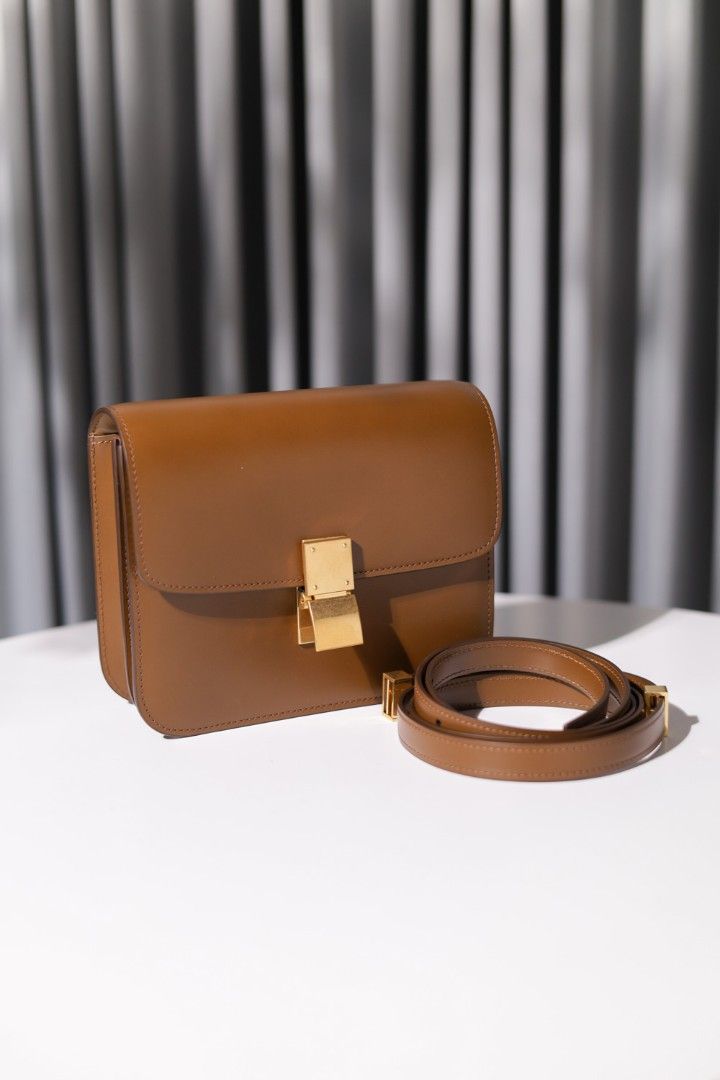 CELINE Teen Classic Box Shoulder Bag in Camel GHW, Barang Mewah