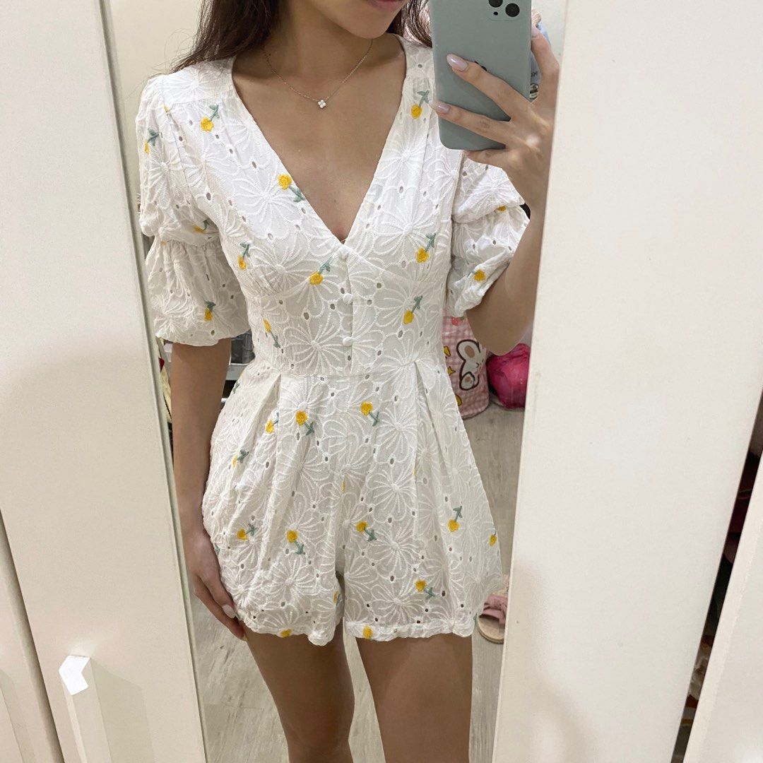 Romper Shorts Flower, Women's Fashion, Dresses & Sets, Rompers on Carousell