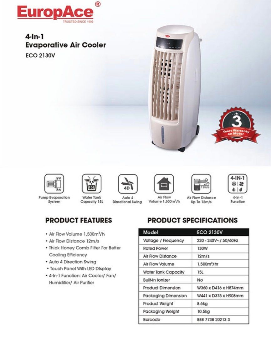 EuropAce Air Cooler, TV & Home Appliances, Other Home Appliances on
