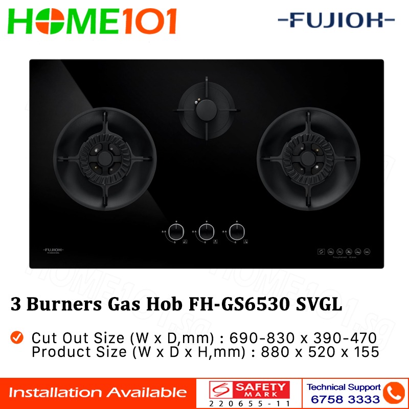 (Free Installation) Fujioh 3 Burners BuiltIn Gas Hob FHGS6530 SVGL