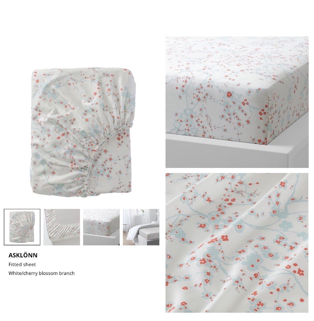 Ikea (KING) Asklonn Fitted Sheet, White/Cherry Blossom Branch, Furniture & Home Living, Bedding