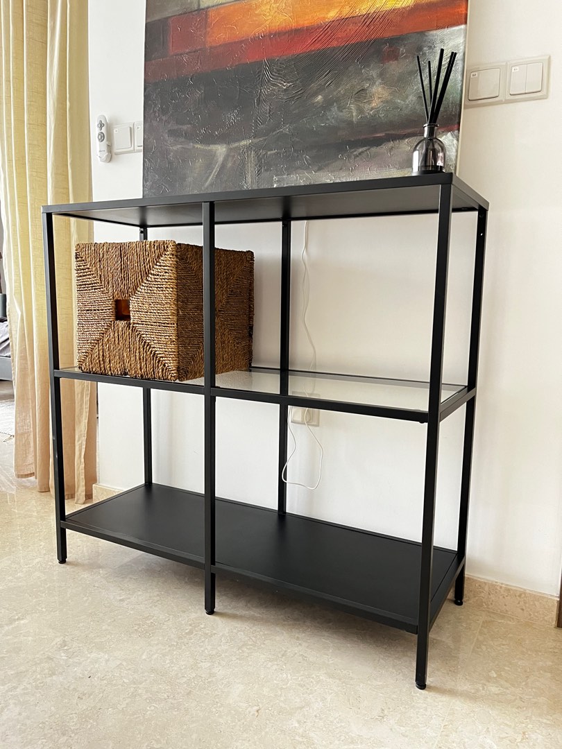 IKEA VITTSJO Shelving unit, black/glass, 100x93 cm, Furniture & Home
