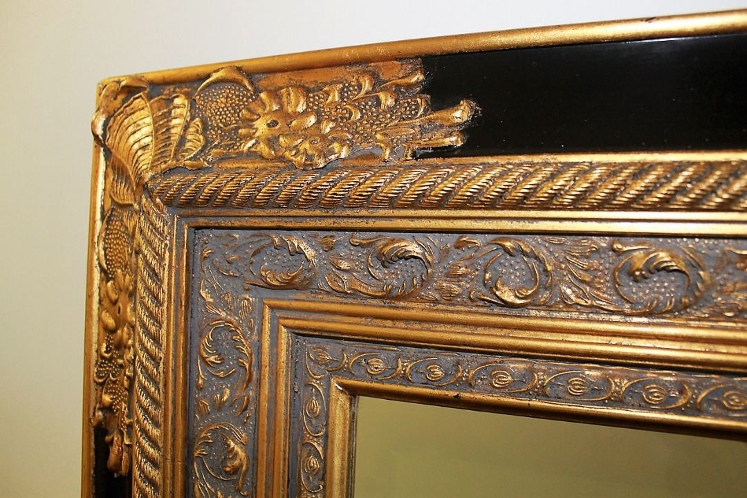 Large vintage mirror with ornate frame in gold and black, Furniture