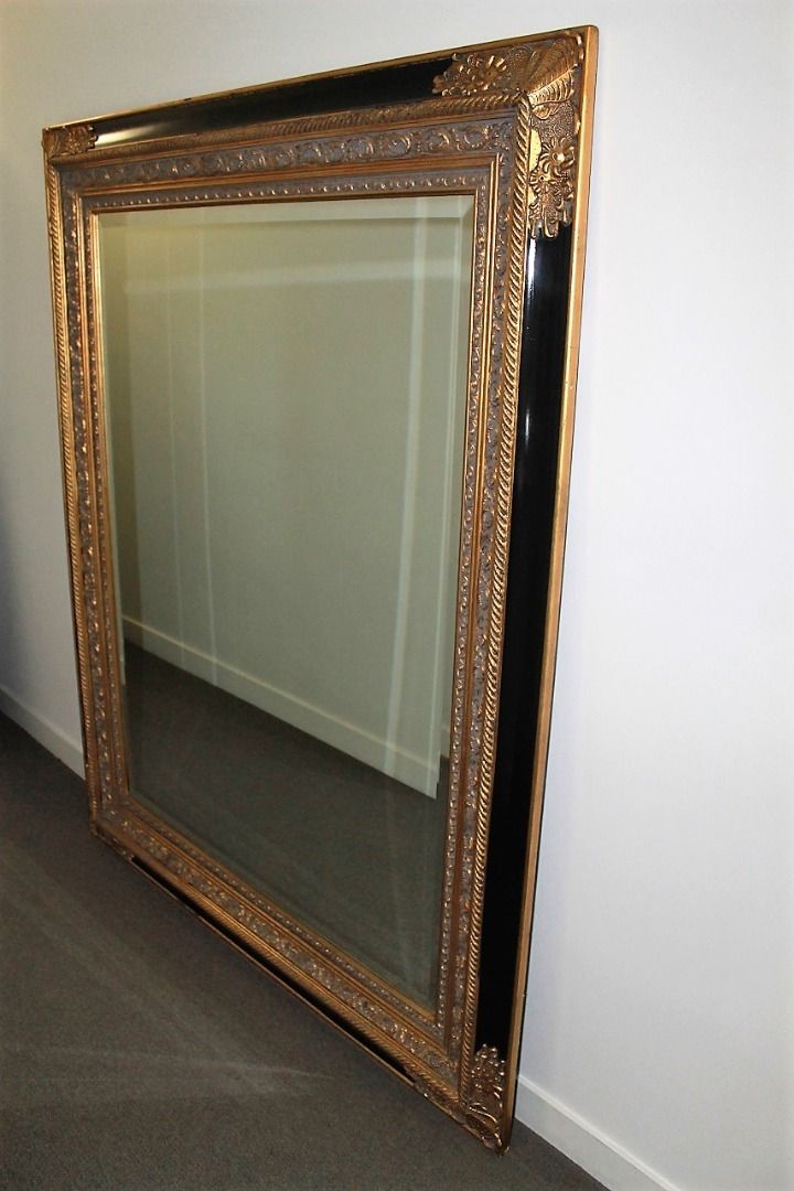 Large vintage mirror with ornate frame in gold and black, Furniture