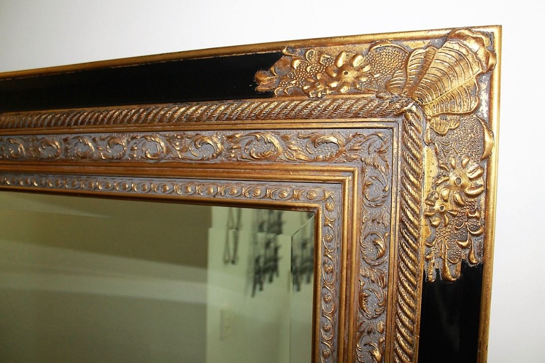 Large vintage mirror with ornate frame in gold and black, Furniture