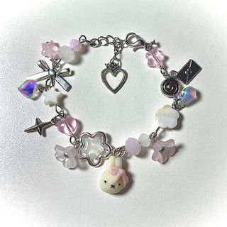 Miffy with Bow Ribbon Inspired Pink White Pearl Wire Beaded Bracelet