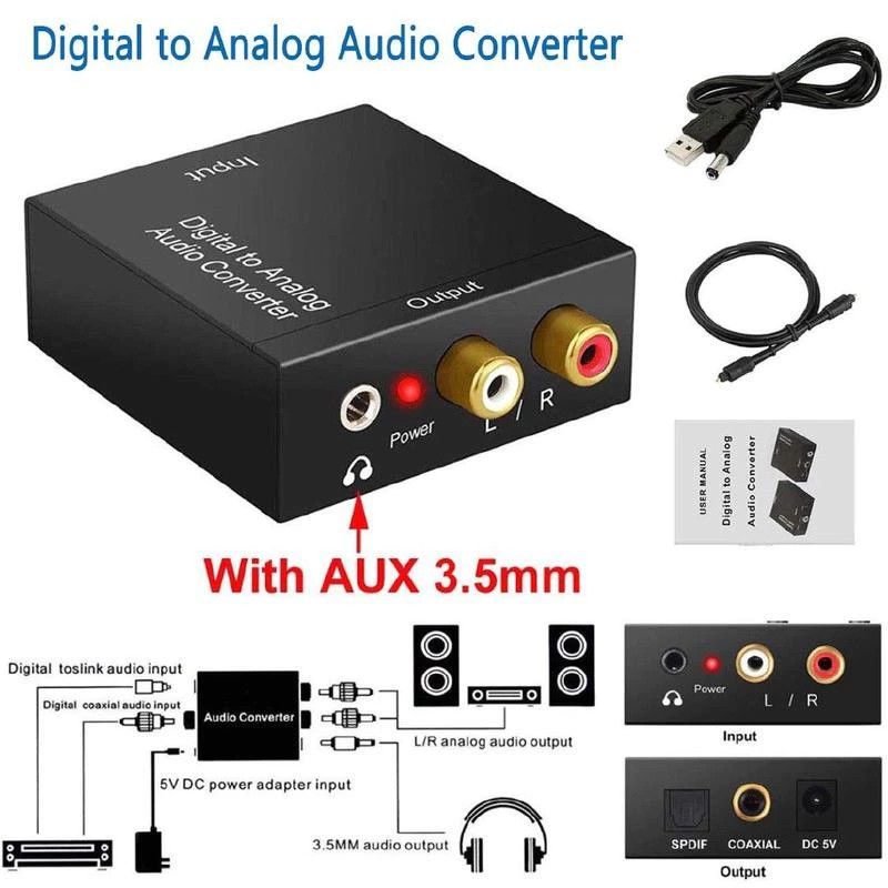 Optical Digital Stereo Audio SPDIF Toslink Coaxial Signal to Analog  Converter DAC Jack 2*RCA Amplifier Decoder Adapter 