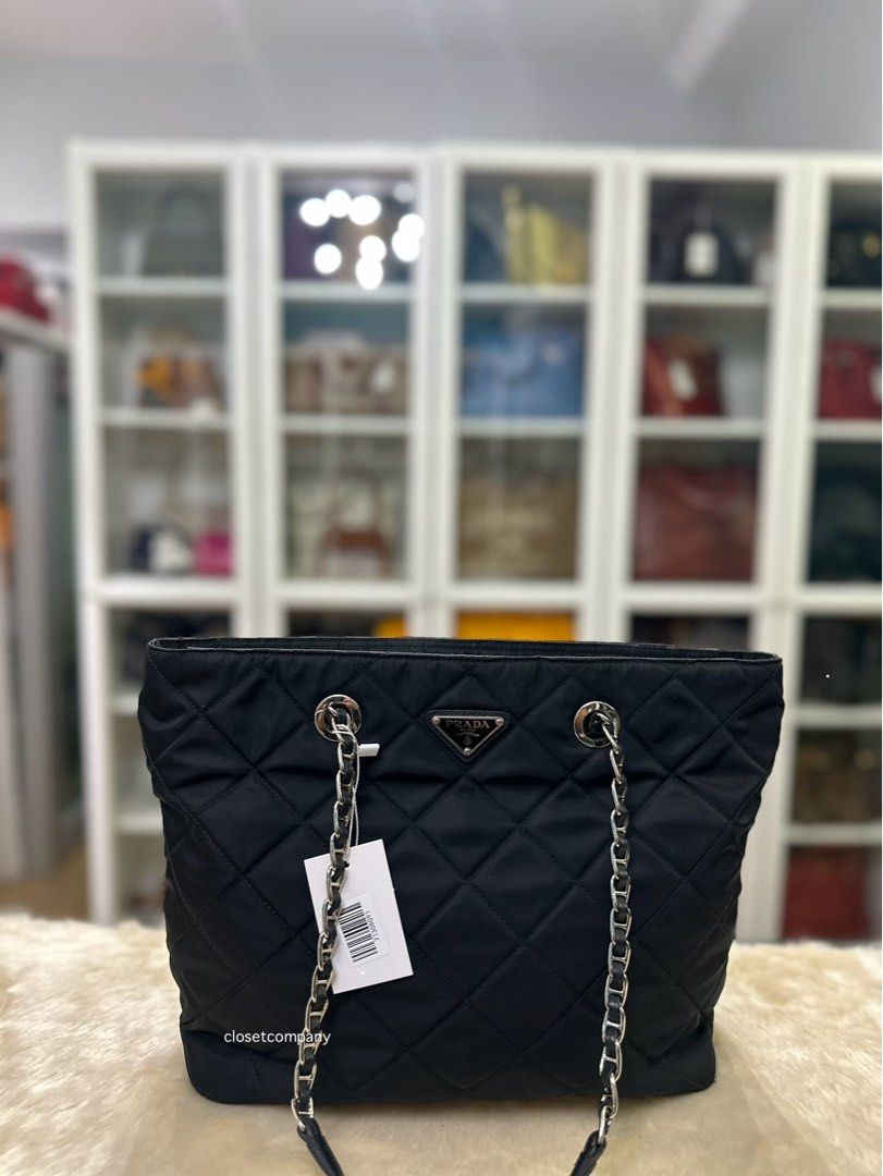 Prada 1BG017 Tessuto Impuntu Nero Chain Tote Bag Luxury Bags