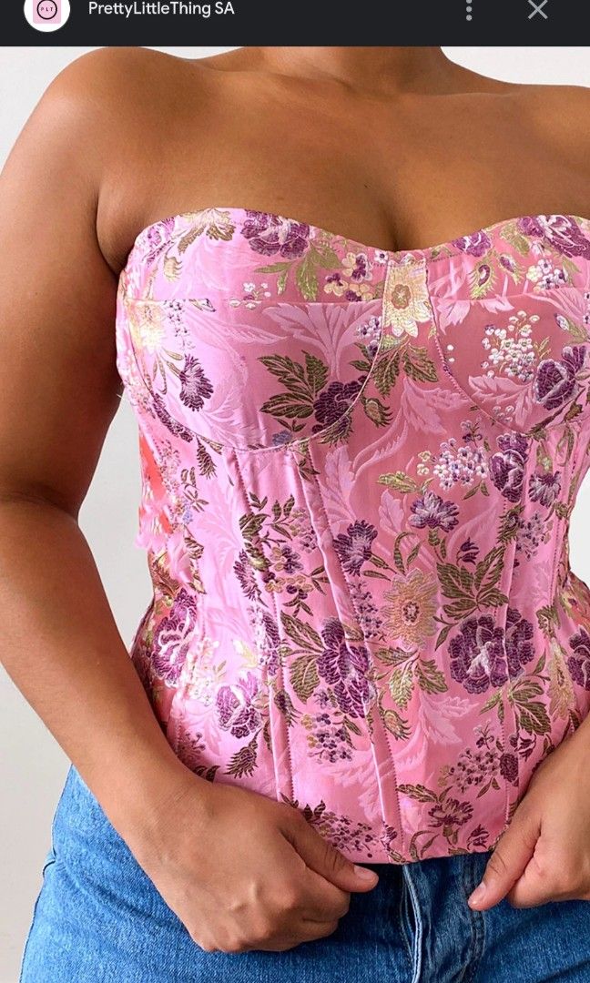 Pretty Little Thing Pink Floral Corset Tube, Women's Fashion, Tops, Others  Tops on Carousell