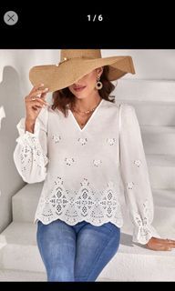 SHEIN LACE V NECK SEMI PUFF BLOUSE SUMMER BEACH FORMAL OFFICE WEDDING GUEST TOP BLOUSE LONGSLEEVES