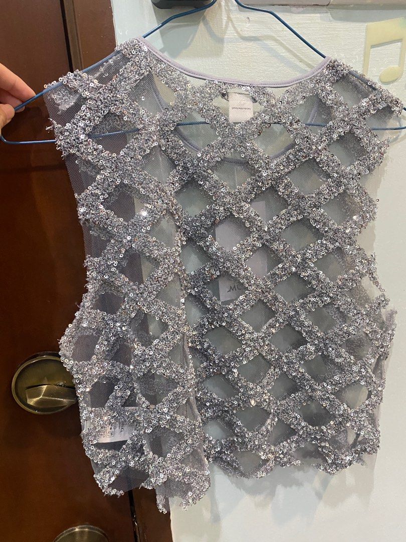 Monki Silver glitter crop top, Women's Fashion, Tops, Sleeveless on