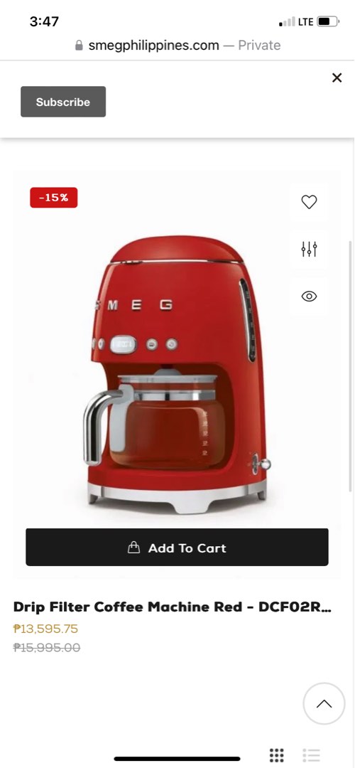 SMEG Drip Filter Coffee Machine, Furniture & Home Living, Kitchenware