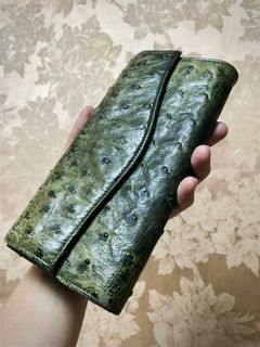 South African Genuine Ostrich Leather Long Wallet Trifold Clutch Foldover Snap in Pine Hunter Green