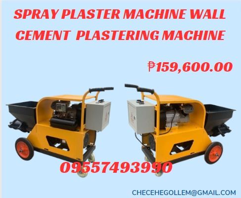 SPRAY PLASTER MACHINE WALL CEMENT PLASTERING MACHINE (Category: Construction Tools & Equipment) located in Caloocan City. Submitted by 09051674995 (Listing ID 1275940891, Image 1). Description: Spray Plaster Machine Wall Cement Plastering Machine PHP 159,600 Specifications: Spray height: 20m Spray distance: 30m Weight: 170kg Rate: 4kw Spray flow: 1.5M3/h Working efficiency: 100M2/h Machine size: 1300 * 450*750m.