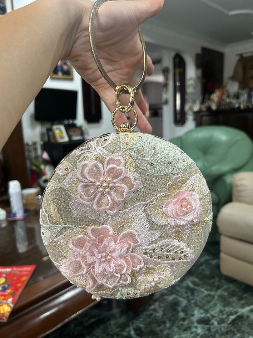 Traditional Pink Round Clutch Bag with Flower Embroidery with