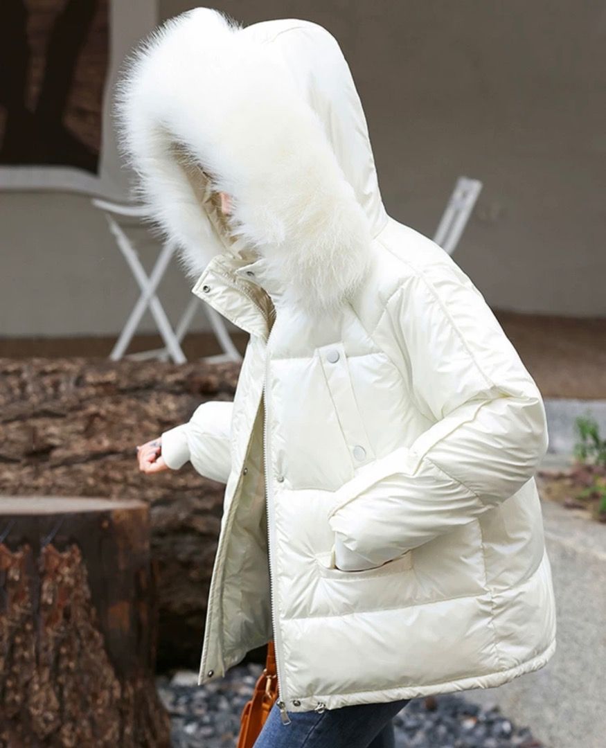 White bomber jacket with on sale fur hood
