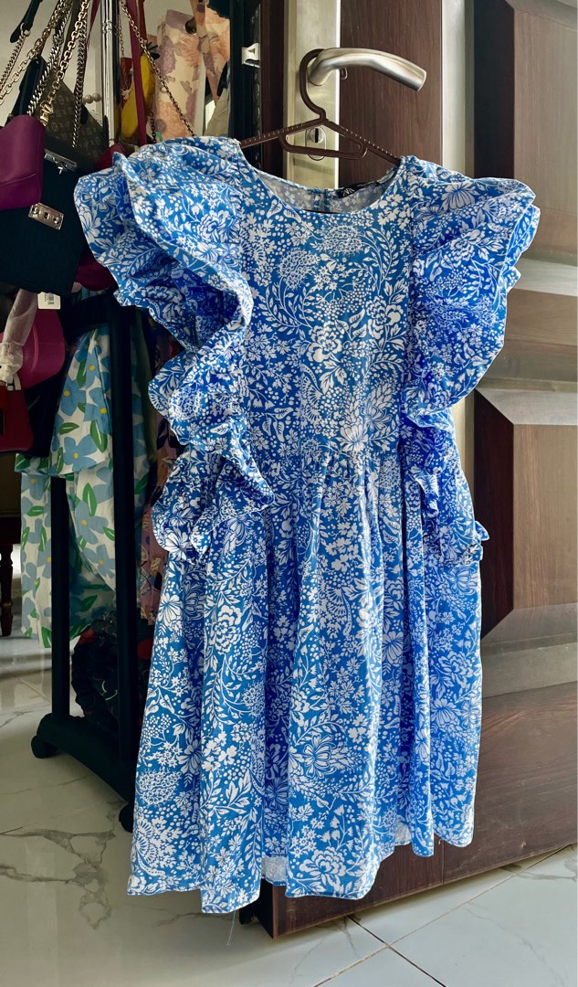 Zara Blue Floral raffles Dress with Frills, Women's Fashion, Dresses