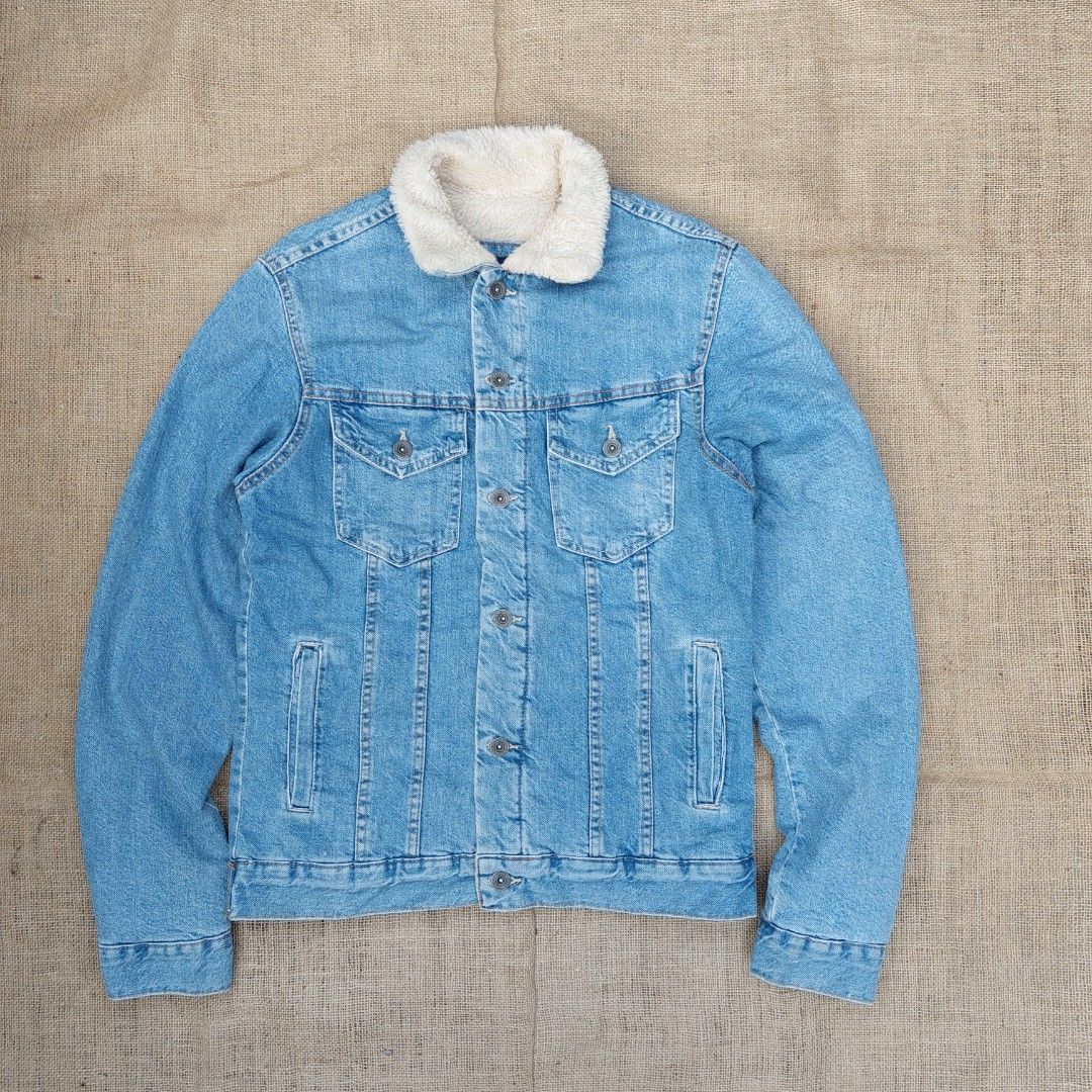 Zara Man Jaket Jeans Denim Sherpa Trucker Jacket Vintage Casual