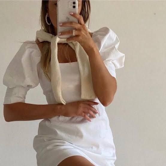 White Puffed Sleeve Shirt Dress with Sheer Back