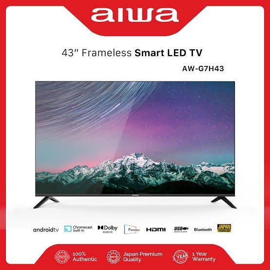 [BELOW SRP] Aiwa 43” Frameless Ultra HD Smart LED TV Android (Category: TV) located in Malabon City. Submitted by 777.aj (Listing ID 1280804442, Image 1). Description: Brand new po, nasa box pa. Selling way below SRP of ₱23,999! Model: Aiwa AW-G7H43 43” Frameless Ultra HD Smart LED TV ● Resolution: 1920 x 1080 ● Panel: CSOT ● Refresh Rate: 60Hz ● Viewing Angle: 170/170(typ) ● Brightness: 220 (typ) ● Contrast Ration: 4000:1 ● Response Time: 6.5ms 