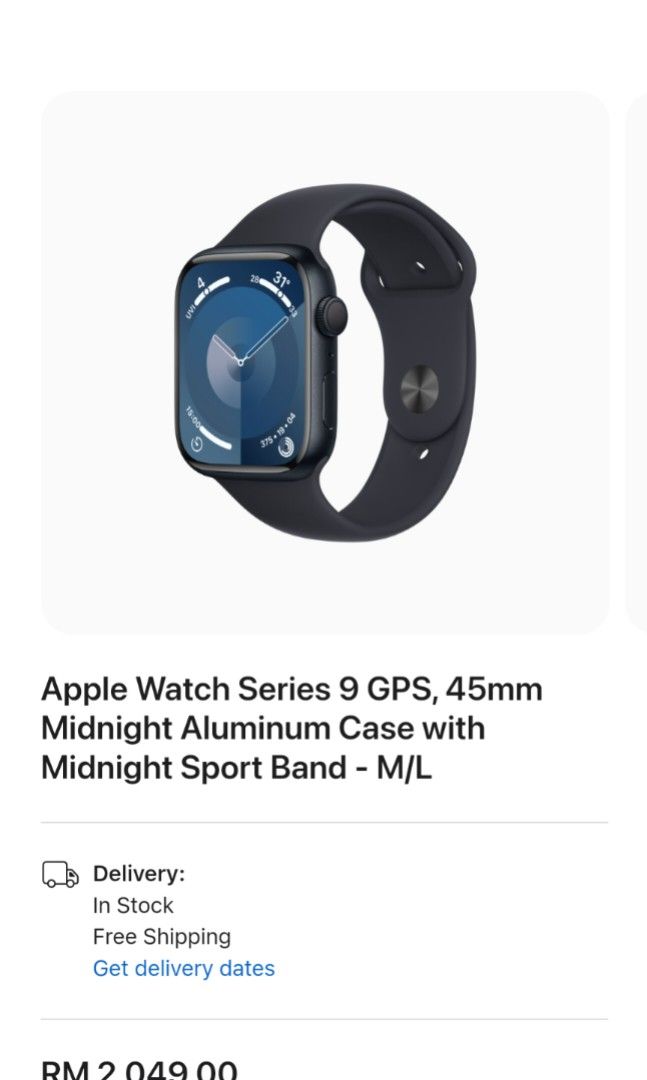 Apple Watch Series 9 GPS 45mm Midnight Aluminum Case with Midnight Sport  Band - M/L 