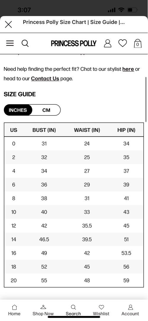 Princess Polly Size Chart, Size Guide