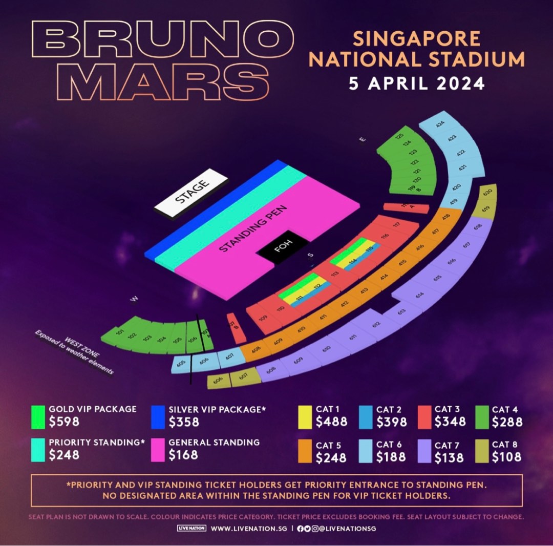 BRUNO MARS SINGAPORE 2024 4x GENERAL STANDING, Tickets & Vouchers
