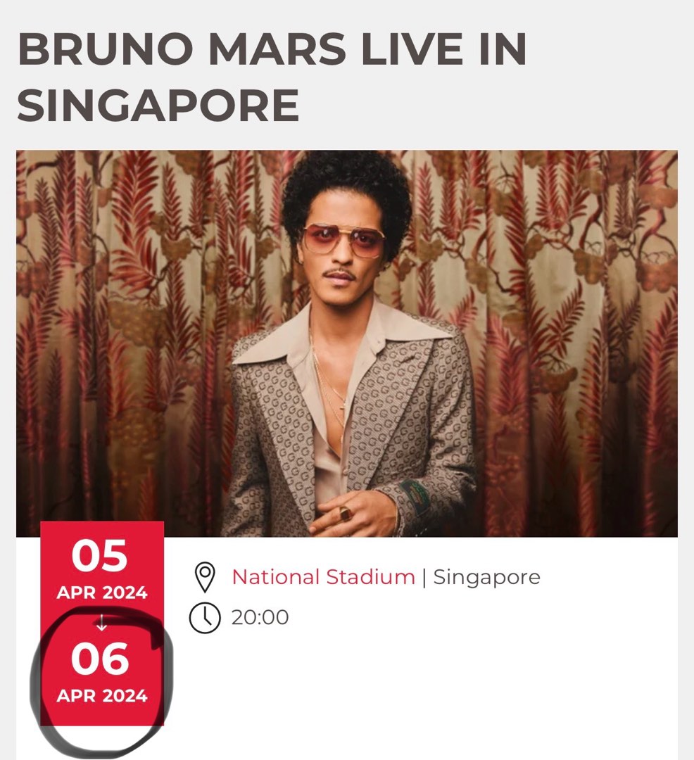 Bruno Mars Singapore 6 April 2024 Sat 8pm, Tickets & Vouchers, Event