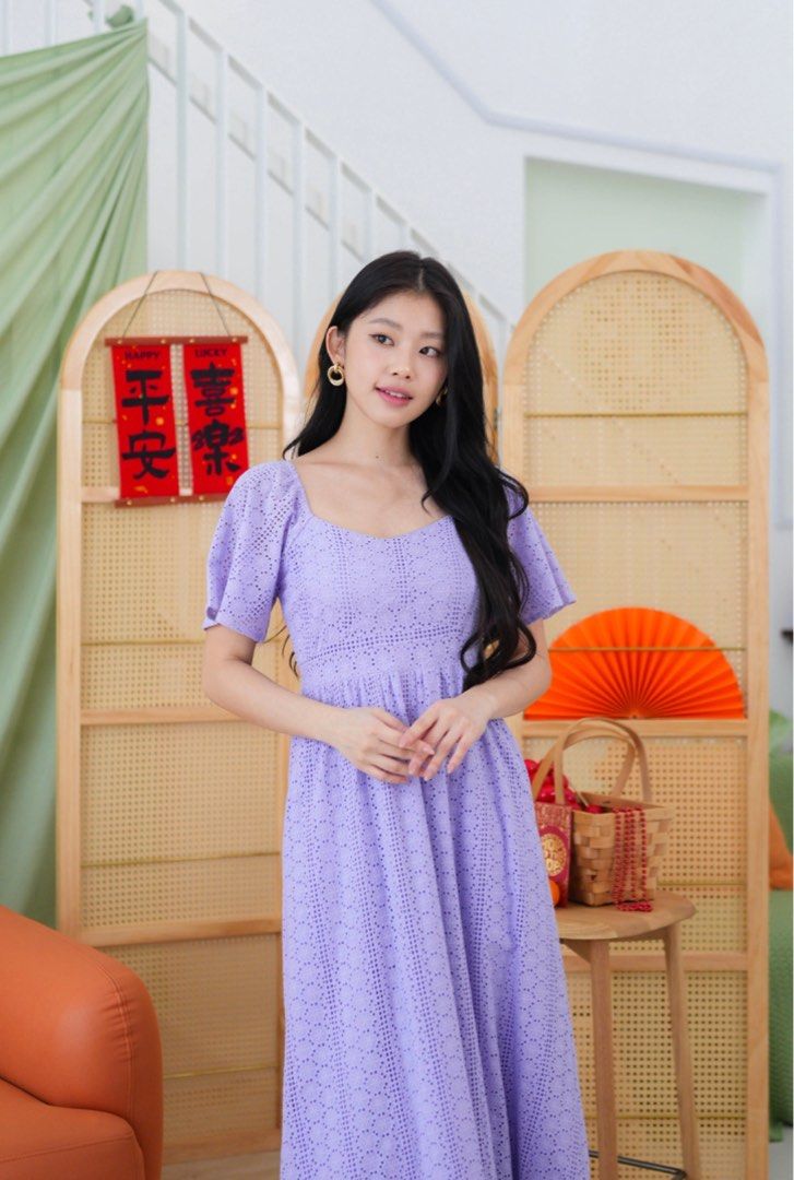 Purple flutter sleeve dress hotsell