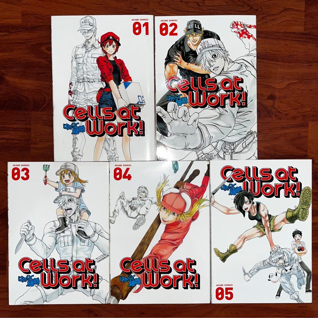 Cells at Work (Set) (Category: Comics & Manga) located in Marikina City. Submitted by ai.luvyu (Listing ID 1212086800, Image 1). Description: Cells at Work (Volumes 1-5) 🦠 - Price: 2,100 (450 per book except for Volume 5 [300]) - Retail Price per book: ₱700 - Note: Volumes 1-4 are in good condition. The back cover of Volume 5 has a small tear. Minimal yellowing (4th photo reference beside new book).