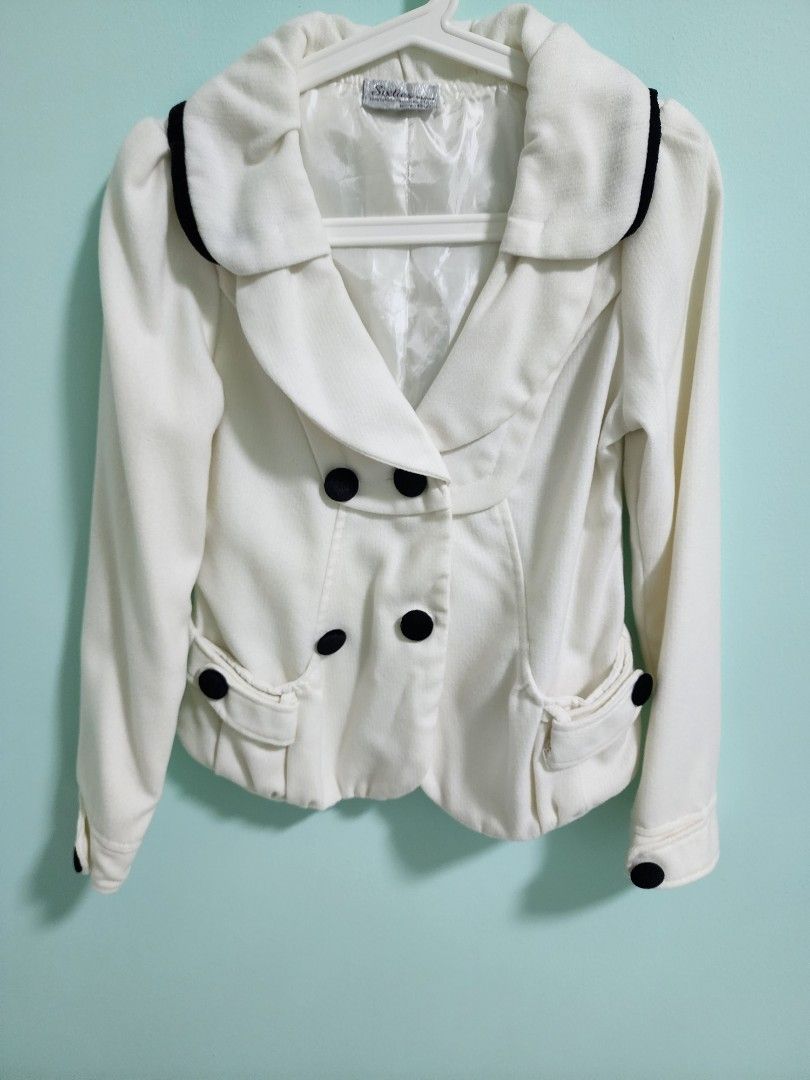 Classic White Jacket with black buttons Women s Fashion Coats