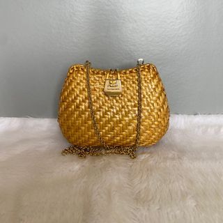 Courreges Paris Vintage Gold Rattan Chained Clutch Bag