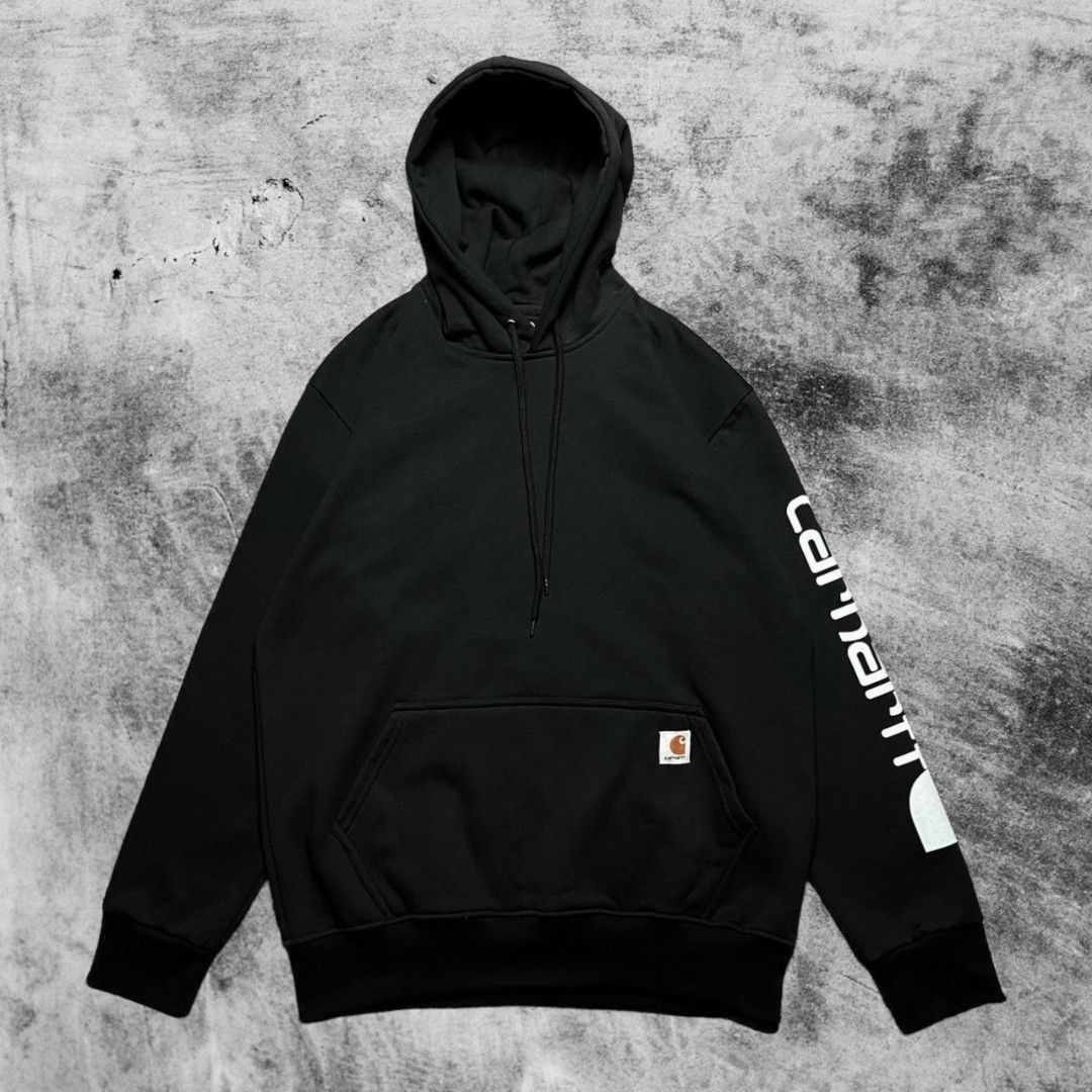 Hoodie Carhartt Spellout Hitam, Fesyen Pria, Pakaian Baju Luaran