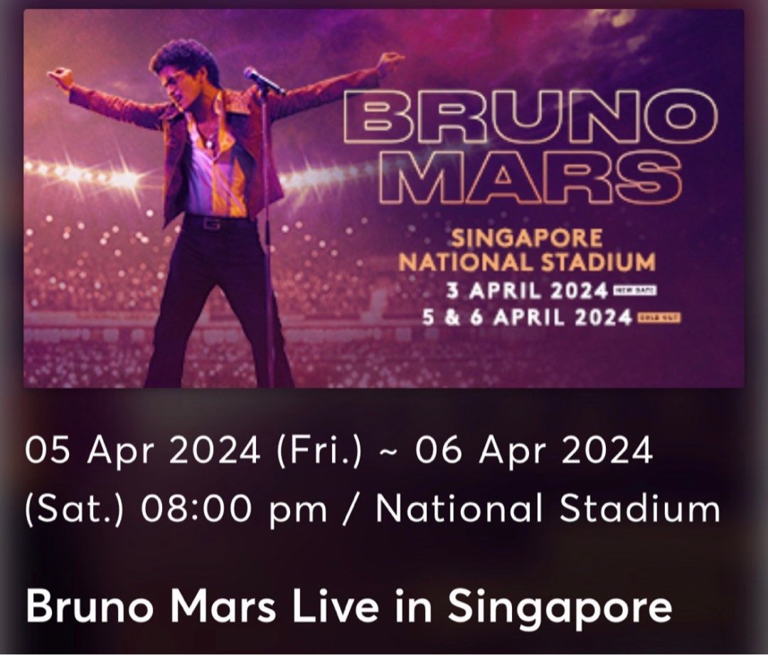 3 April 2024 Bruno Mars Concert, Tickets & Vouchers, Event Tickets on