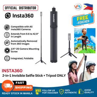 Insta360 2-in-1 Invisible Selfie Stick + Tripod ONLY for vlogging,with 1/4 screw,for Insta360 ONE X3/X2/RS/R/GO 2 and Action Cameras Accessories Compatible with All Insta360 Cameras Lightweight Aluminum Construction Collapsible and Expandable-VMI Direct