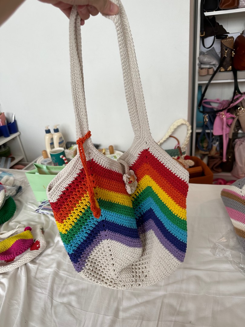 Large Rainbow Crochet Bag with Flower Charm