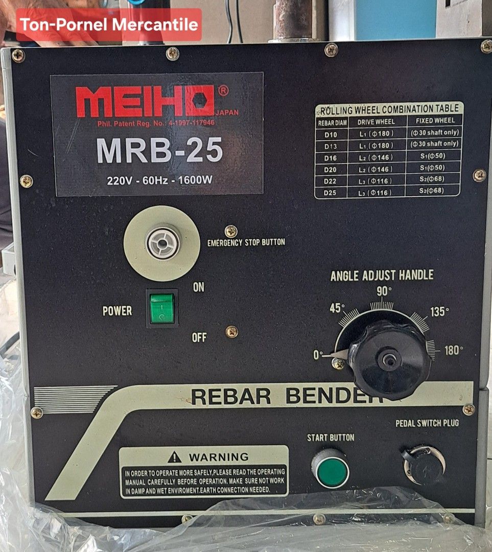 MEIHO REBAR BENDER (Category: Construction Tools & Equipment) located in Manila. Submitted by tonpornel (Listing ID 1280807580, Image 3). Description: Ton-Pornel Mercantile • We supply Powertools, Hardware tools, Plumbing, Paints, Electrical and Construction materials • We offer Paint Mixing and Powertools Repair Visit us: 38 Marcos Highway Mayamot, Antipolo City https://maps.google.com/?cid=1384230075759805792&entry=gps Store hours Mon to sat 8: