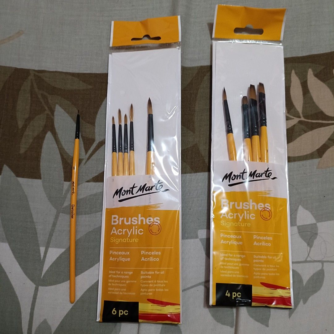 Mont Marte Acrylic Brushes [BUNDLE ONLY] (Category: Art & Prints) located in Santa Rosa. Submitted by dmrnsm (Listing ID 1280599339, Image 1). Description: - the 4pc set never been used, brand new condition - the 6pc set used once the detailer brush only just to test paint. The rest are untouched - LAST PRICE FIXED WILL NOT ENTERTAIN OFFERING LOWER PRICES 📦Shipping only!🚚 ◽NO MEET UPS ◽LALAMOVE for nearby areas only (location: sta.rosa laguna) 