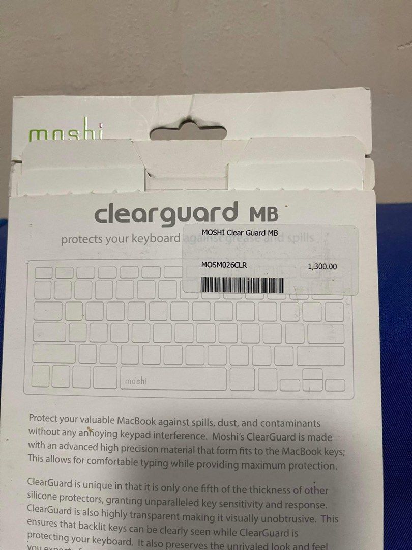 Moshi Macbook 13” inch keyboard cover (Category: Computer Keyboard) located in Muntinlupa City. Submitted by milemerch (Listing ID 1280954877, Image 2). Description: Brand New Original For 13” Macbook (Pls check if match sa keyboard niyo) Loc: Molino 3 or Alabang (by schedule).