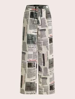 Newspaper print tube top and drawstring wide leg pants