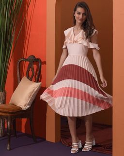 Plains & Prints Peach Dress with Pleated Skirt