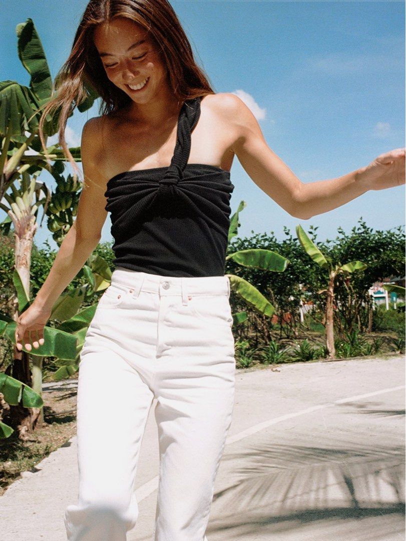 Pomelo Ribbed Knit One Shoulder Top Black Women s Fashion Tops