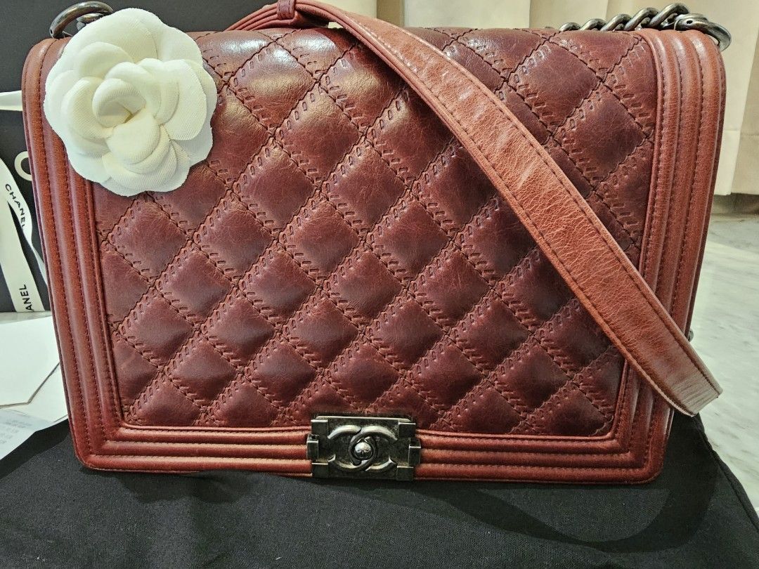 Preloved Burgundy Chanel Boy Maxi, Luxury, Bags Wallets on Carousell