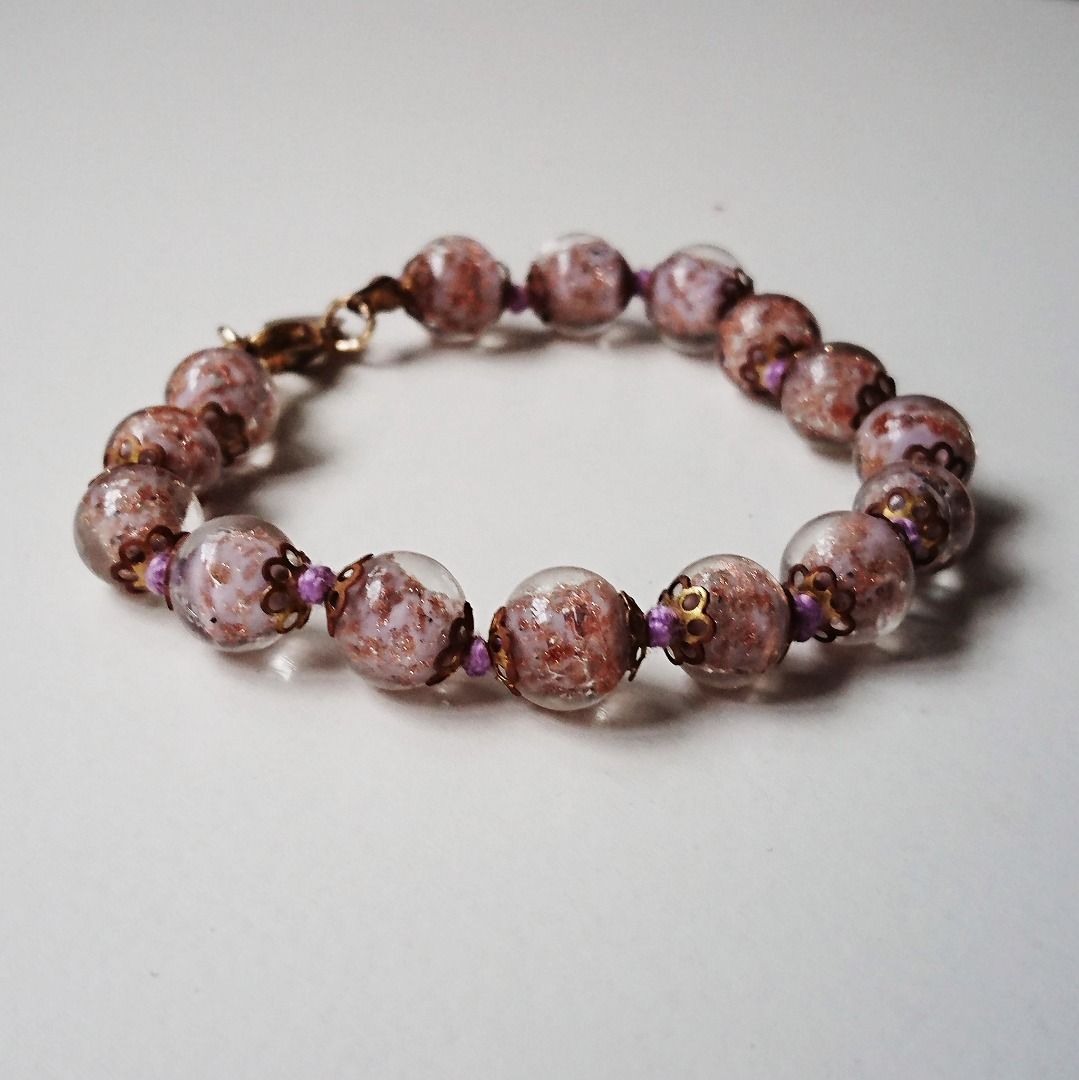 Purple and Pink with Gold Glitter Glass Beaded Bracelet from
