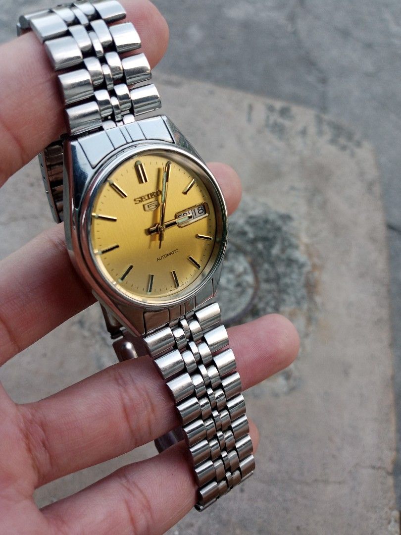 Rare 1990 Vintage Seiko 5 Gold Dial, Luxury, Watches on Carousell